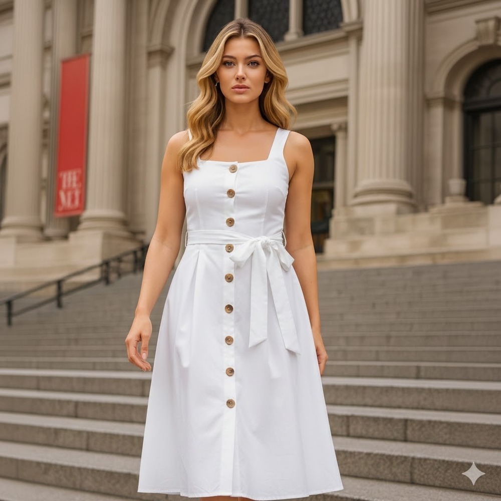 A New Day Women's White Square Neck Button Front Midi Dress w/ Belt SZ 8 Pockets - Picture 1 of 10